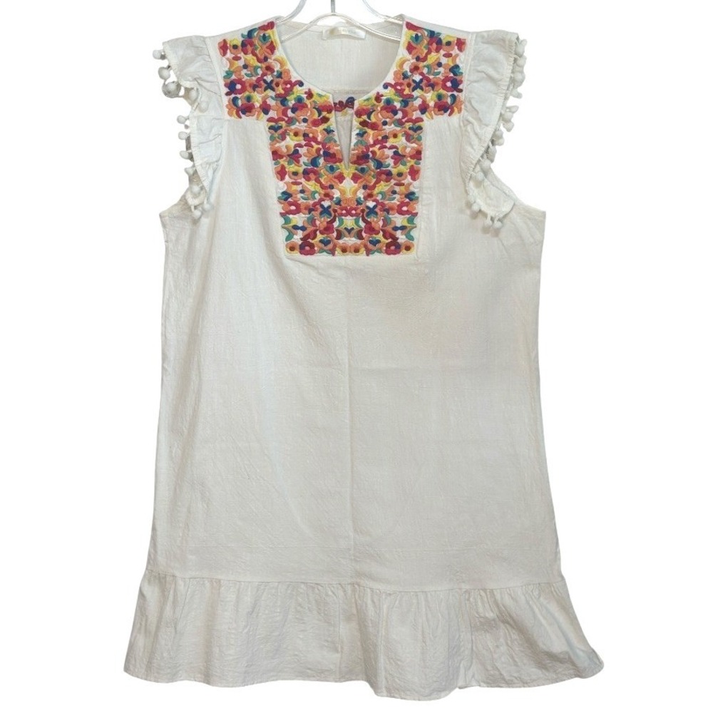 Kirundo Womens White Embroidered Mini Dress Pom Pom‎ Ruffle Sleeve Cottagecore L